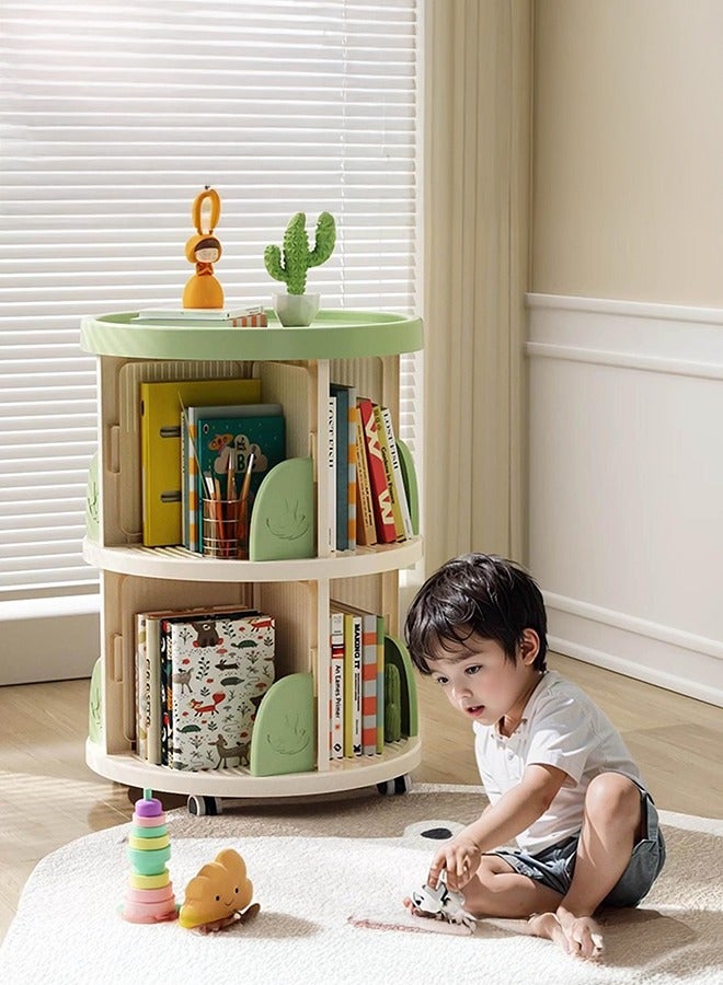شو وو خزانة كتب دوارة بطابقين، رف تخزين لعرض الكتب، مناسب للمساحات الصغيرة، وحدة رفوف زاوية لغرفة النوم وغرفة المعيشة مزودة بعجلات، تصميم دوار 360 درجة، لون أخضر. - Image 1
