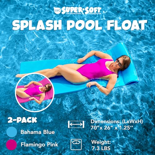 TRC Recreation Splash 125 Inch Thick Foam Swimming Pool Float Mat Large Adult Lounger with Builtin Roll Pillow 1 Bahama Blue 1 Flamingo Pink - Image 5