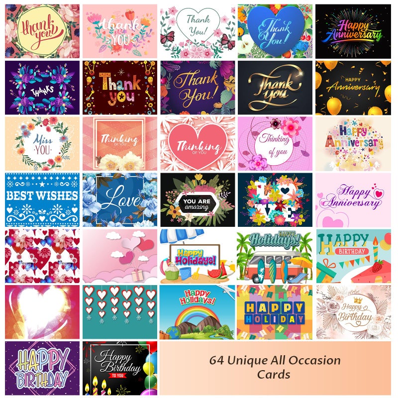 YedsIntu 64 Pack All Occasion Cards Assortment Box with Envelopes & Stickers, 4Ã—6 Inch Assorted Blank Greeting Cards for Birthday, Holiday, Love, Anniversary, Thinking of You, Thank You Cards - Image 3