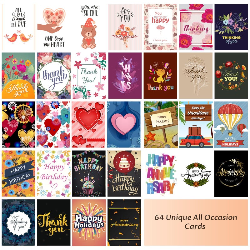 YedsIntu 64 Pack All Occasion Cards Assortment Box with Envelopes & Stickers, 4Ã—6 Inch Assorted Blank Greeting Cards for Birthday, Holiday, Love, Anniversary, Thinking of You, Thank You Cards - Image 2