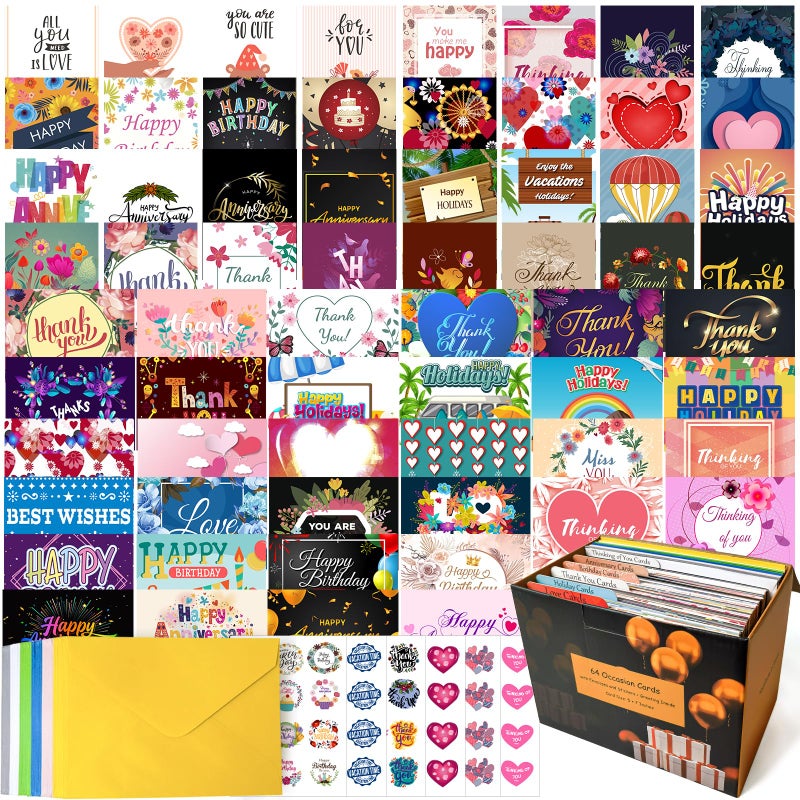 YedsIntu 64 Pack All Occasion Cards Assortment Box with Envelopes & Stickers, 4Ã—6 Inch Assorted Blank Greeting Cards for Birthday, Holiday, Love, Anniversary, Thinking of You, Thank You Cards - Image 1