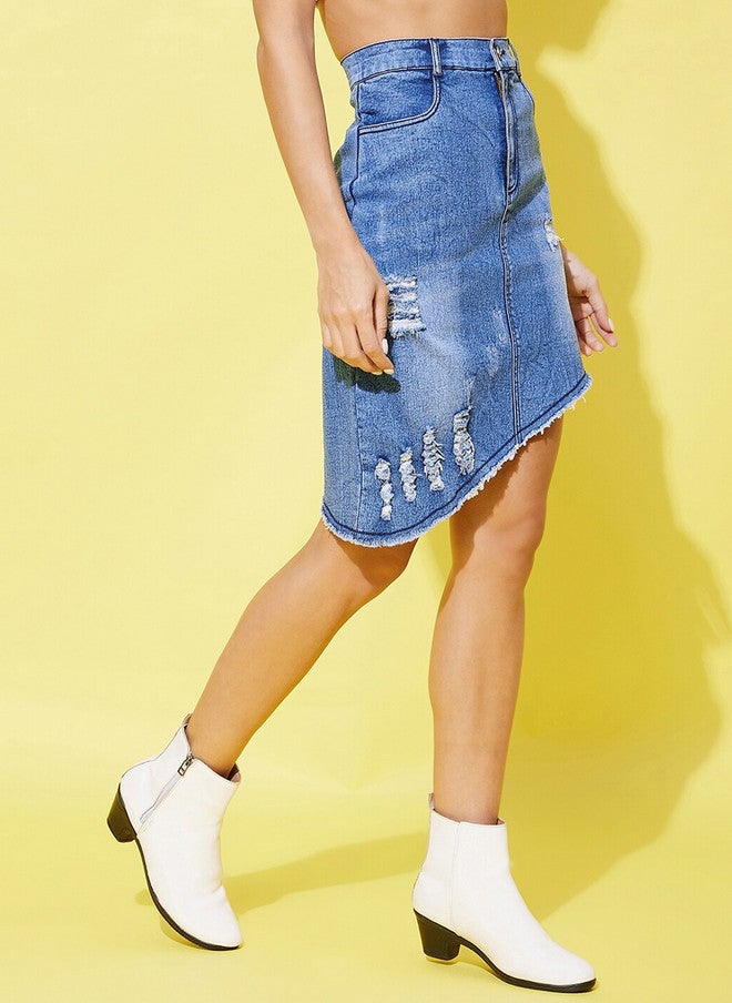 StyleStone Distressed Denim Asymmetrical Hem Skirt - Image 2