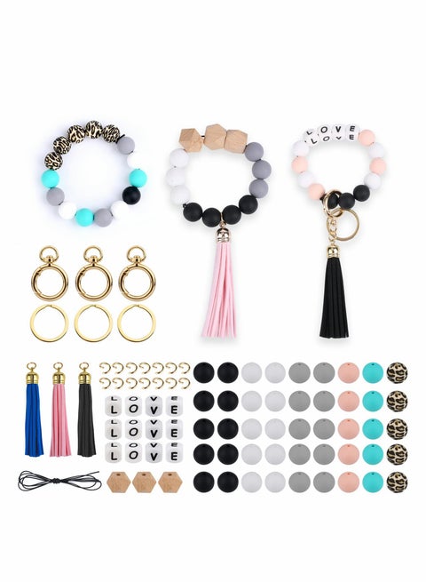 Silicone Beads for Keychain Making, Key Ring Bracelet Womens Wristlet Car Keys - Beaded Bangle Chains with Leather Tassel Gifts