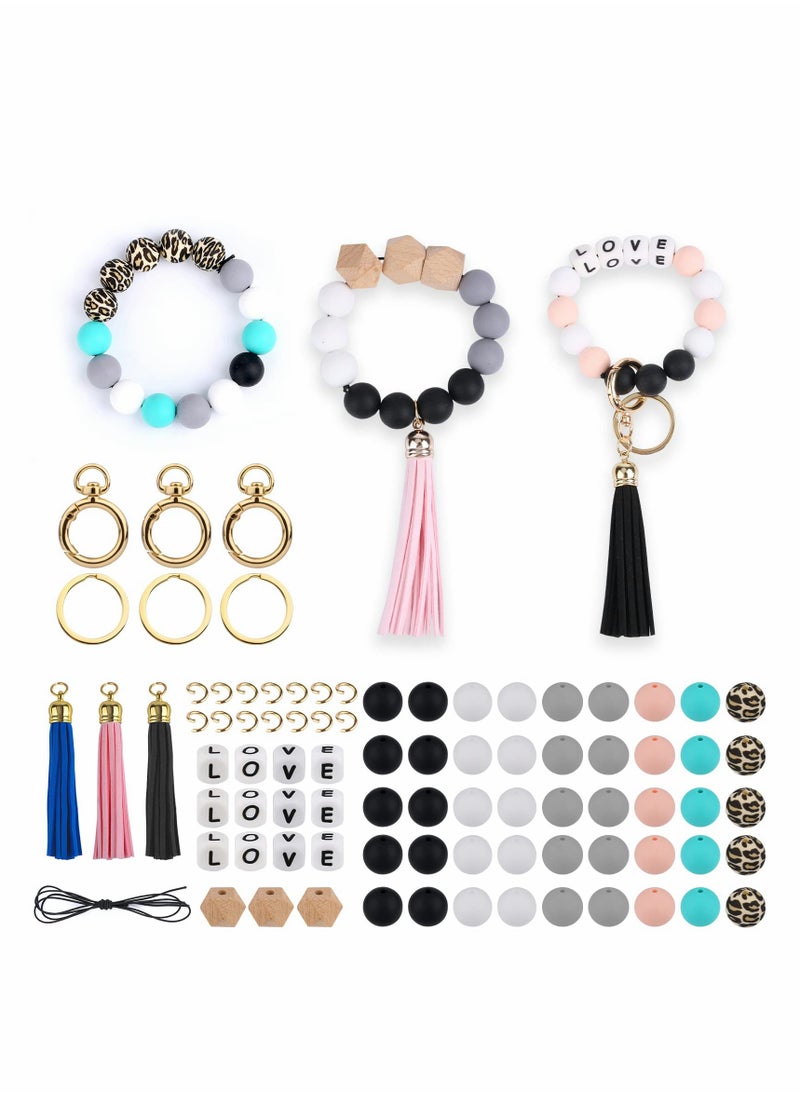 Excefore - Silicone Beads for Keychain Making, Key Ring Bracelet Womens Wristlet Car Keys - Beaded Bangle Chains with Leather Tassel Gifts - Image 1