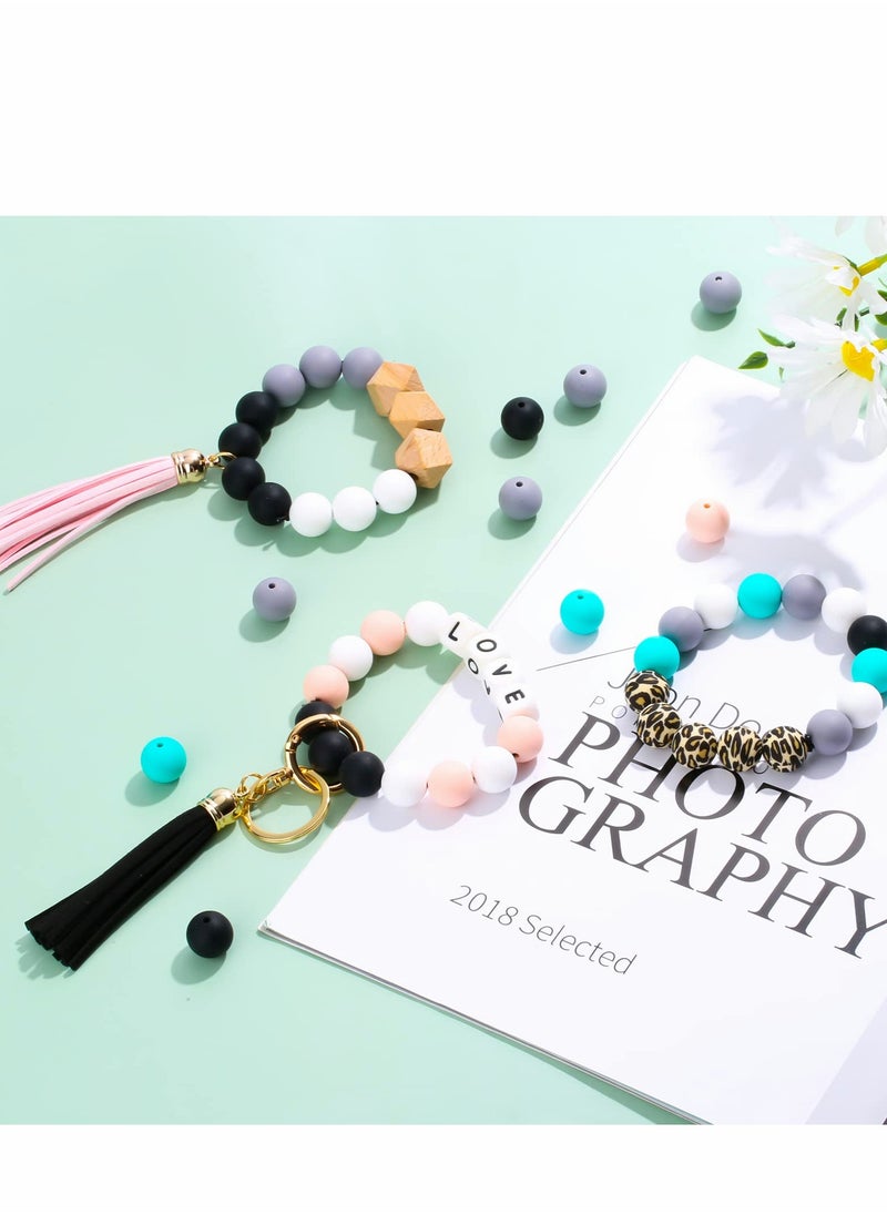 Excefore - Silicone Beads for Keychain Making, Key Ring Bracelet Womens Wristlet Car Keys - Beaded Bangle Chains with Leather Tassel Gifts - Image 1
