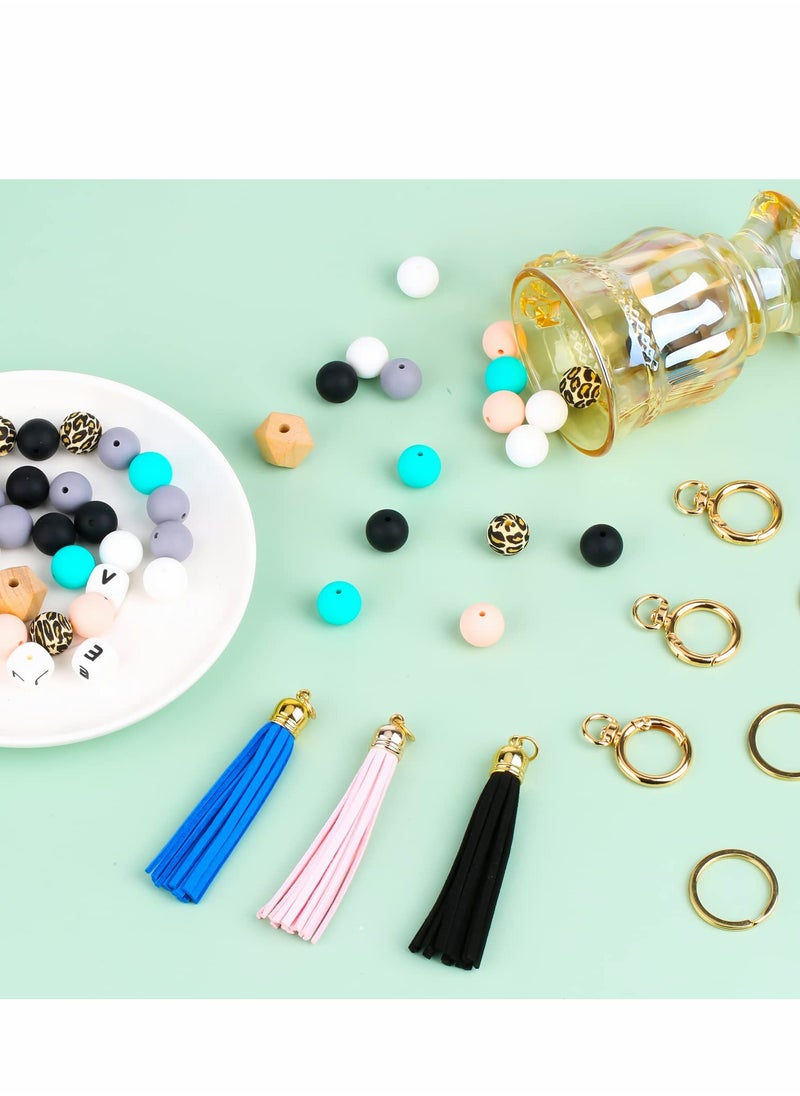 Excefore - Silicone Beads for Keychain Making, Key Ring Bracelet Womens Wristlet Car Keys - Beaded Bangle Chains with Leather Tassel Gifts - Image 1