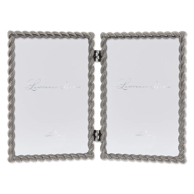 Lawrence Frames 4x6 Hinged Double Brushed Nickel Metal Picture Frame with Rope Design - Image 1