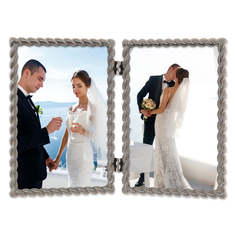 Lawrence Frames 4x6 Hinged Double Brushed Nickel Metal Picture Frame with Rope Design - Image 2