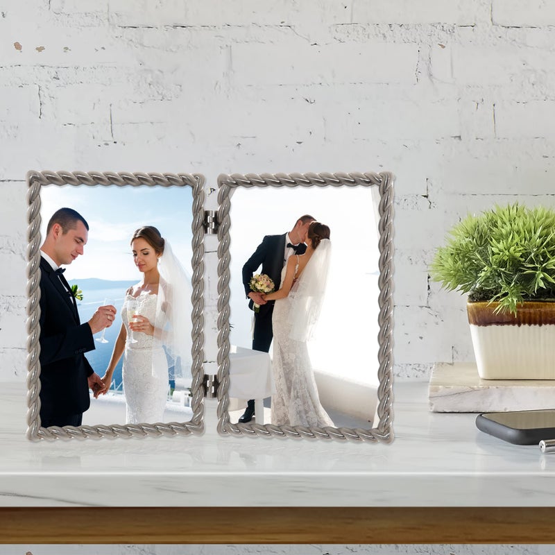 Lawrence Frames 4x6 Hinged Double Brushed Nickel Metal Picture Frame with Rope Design - Image 3