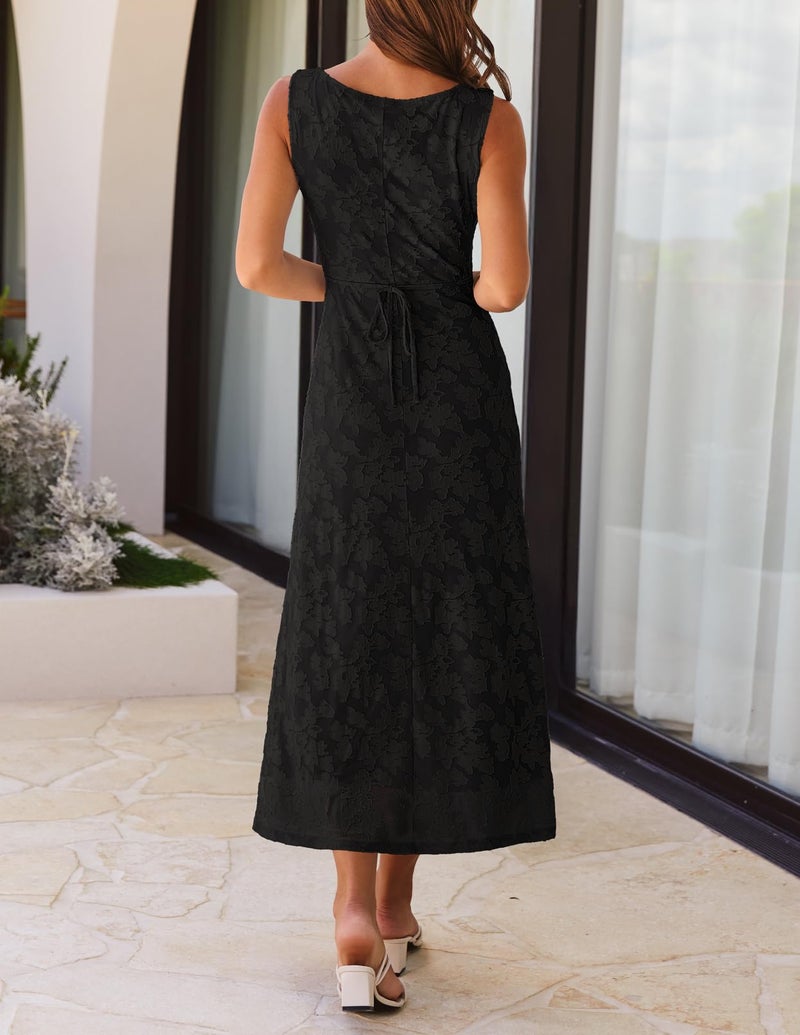 MEROKEETY Womens 2026 Summer Floral Maxi Dress Sleeveless Tie Waist Elegant Formal Bodycon Wedding Guest Party Long Dresses, Black, Medium - Image 4