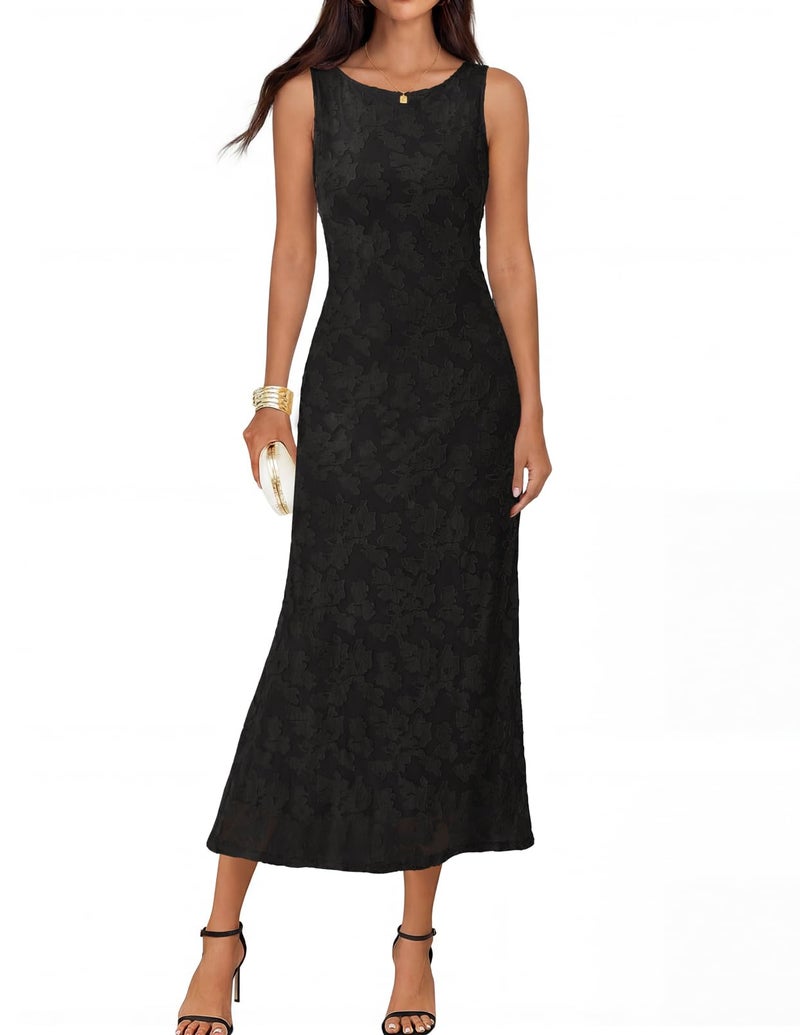 MEROKEETY Womens 2026 Summer Floral Maxi Dress Sleeveless Tie Waist Elegant Formal Bodycon Wedding Guest Party Long Dresses, Black, Medium - Image 1
