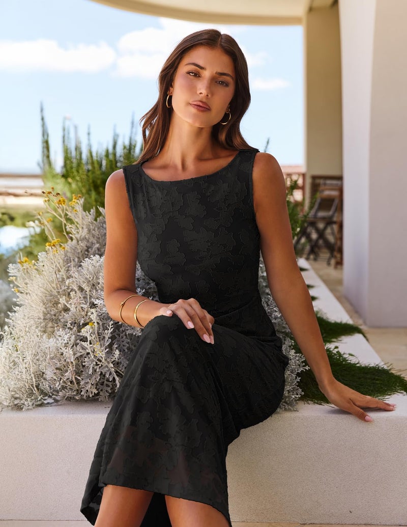 MEROKEETY Womens 2026 Summer Floral Maxi Dress Sleeveless Tie Waist Elegant Formal Bodycon Wedding Guest Party Long Dresses, Black, Medium - Image 2
