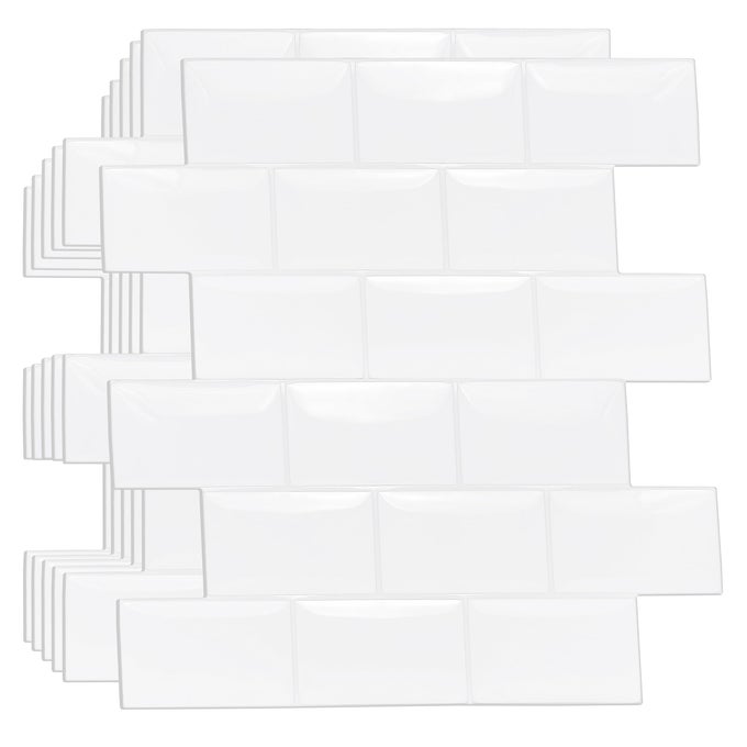 UPGRADE THICKER 3D TILE STICKERS PEEL AND STICK BACKSPLASH SPLASHBACK DECALS TRANSFER FOR KITCHEN BATHROOM LIVING ROOM ON WATERPROOF PURE WHITE GLOSSY 20PCS 154X305CM WT3D1808