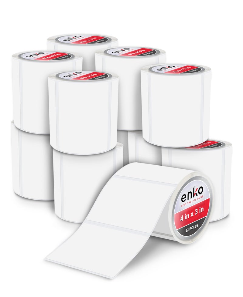 enKo Products enKo 4 x 3 Labels for Zebra Desktop Printers 12 Rolls 6000 Labels Blank White Direct Thermal Address Mailing Shipping Barcode FBA Stickers FNSKU Label for Zebra and Eltron Perforated