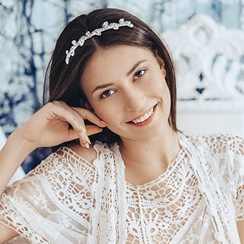 Yoosit 8 Pack Rhinestone Pearl Glitter Sparkly Fancy Silver Metal Headbands Double Hair Bands Slim Thin Skinny Hard Hair Bands Crown Tiara Hair Holder Headpieces for Women Girls - Image 3