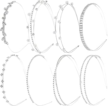 Yoosit 8 Pack Rhinestone Pearl Glitter Sparkly Fancy Silver Metal Headbands Double Hair Bands Slim Thin Skinny Hard Hair Bands Crown Tiara Hair Holder Headpieces for Women Girls - Image 2