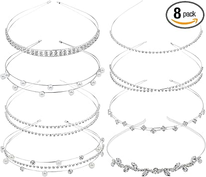 Yoosit 8 Pack Rhinestone Pearl Glitter Sparkly Fancy Silver Metal Headbands Double Hair Bands Slim Thin Skinny Hard Hair Bands Crown Tiara Hair Holder Headpieces for Women Girls - Image 1