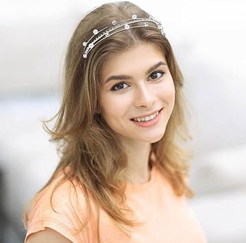 Yoosit 8 Pack Rhinestone Pearl Glitter Sparkly Fancy Silver Metal Headbands Double Hair Bands Slim Thin Skinny Hard Hair Bands Crown Tiara Hair Holder Headpieces for Women Girls - Image 4