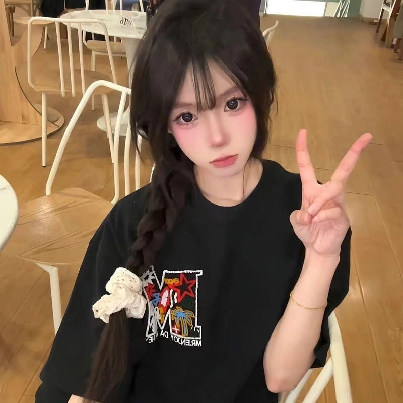American-Style High Street Embroidered Five-Pointed Star Short-Sleeved T-Shirt Women'S Summer Popular Fashion Brand Couple'S All-Match Top - Image 1
