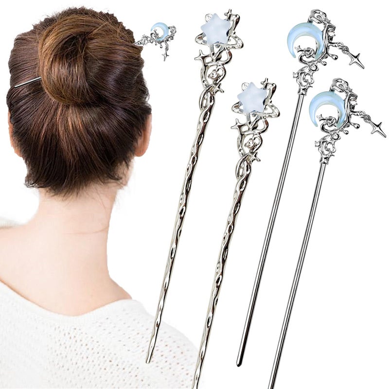 Arvintas 4PCS Star Moon Hair Sticks for Buns Long Hair Chinese Hanfu Asian Vintage Hair Chopsticks Metal Silver Hair Bun Updo Holders Long Hairpins for Women Girls - Image 1