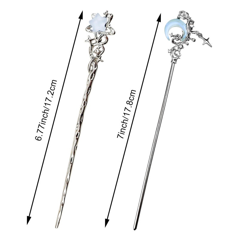 Arvintas 4PCS Star Moon Hair Sticks for Buns Long Hair Chinese Hanfu Asian Vintage Hair Chopsticks Metal Silver Hair Bun Updo Holders Long Hairpins for Women Girls - Image 2