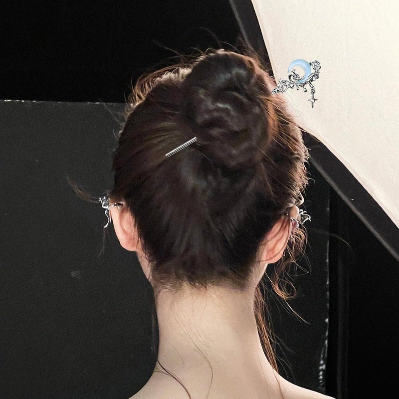 Arvintas 4PCS Star Moon Hair Sticks for Buns Long Hair Chinese Hanfu Asian Vintage Hair Chopsticks Metal Silver Hair Bun Updo Holders Long Hairpins for Women Girls - Image 5