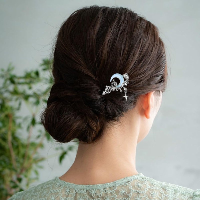Arvintas 4PCS Star Moon Hair Sticks for Buns Long Hair Chinese Hanfu Asian Vintage Hair Chopsticks Metal Silver Hair Bun Updo Holders Long Hairpins for Women Girls - Image 4