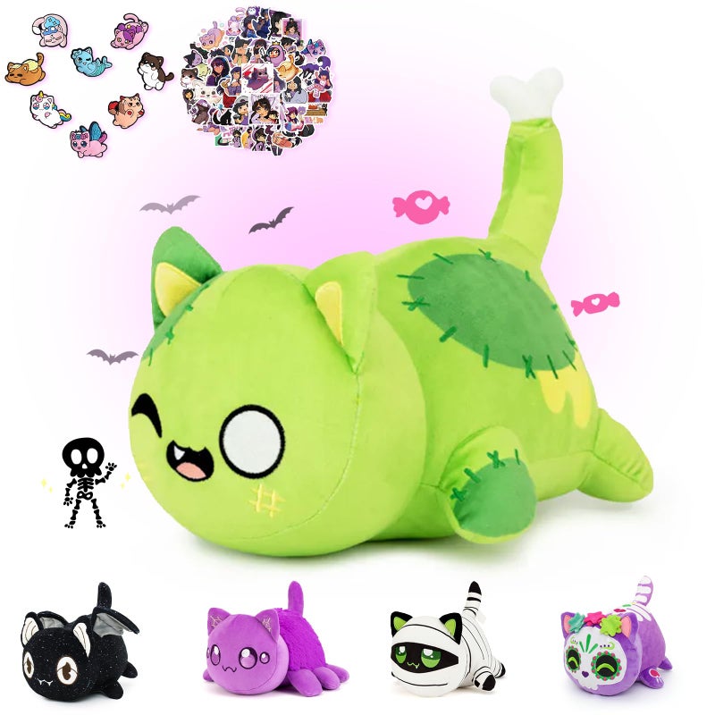 KOWSI 69-PCS ? 11-inches Luminous Cat Plush + 60-Sticker + 8-Pcs Shoe Charms - Ghost Cat Collection - 100% Embroidered Plushie - Cat Stuffed Animal Collectible (Luminous Cat)