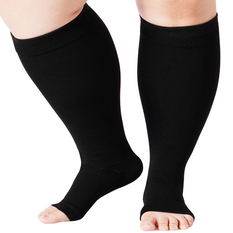 Abodhu Plus Size Compression Socks Open Toe Compression for Women& Men 15-20mmHg Wide Calf Knee High Toeless Compression Sock, Black, 5XL-6XL - Image 1