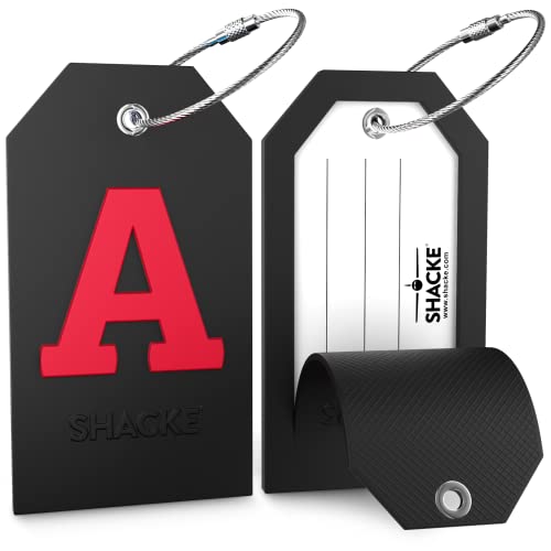 Shacke Large Luggage Tag Initial with Full Privacy Cover and Stainless Steel Loop - Black (Letter A) - Image 2