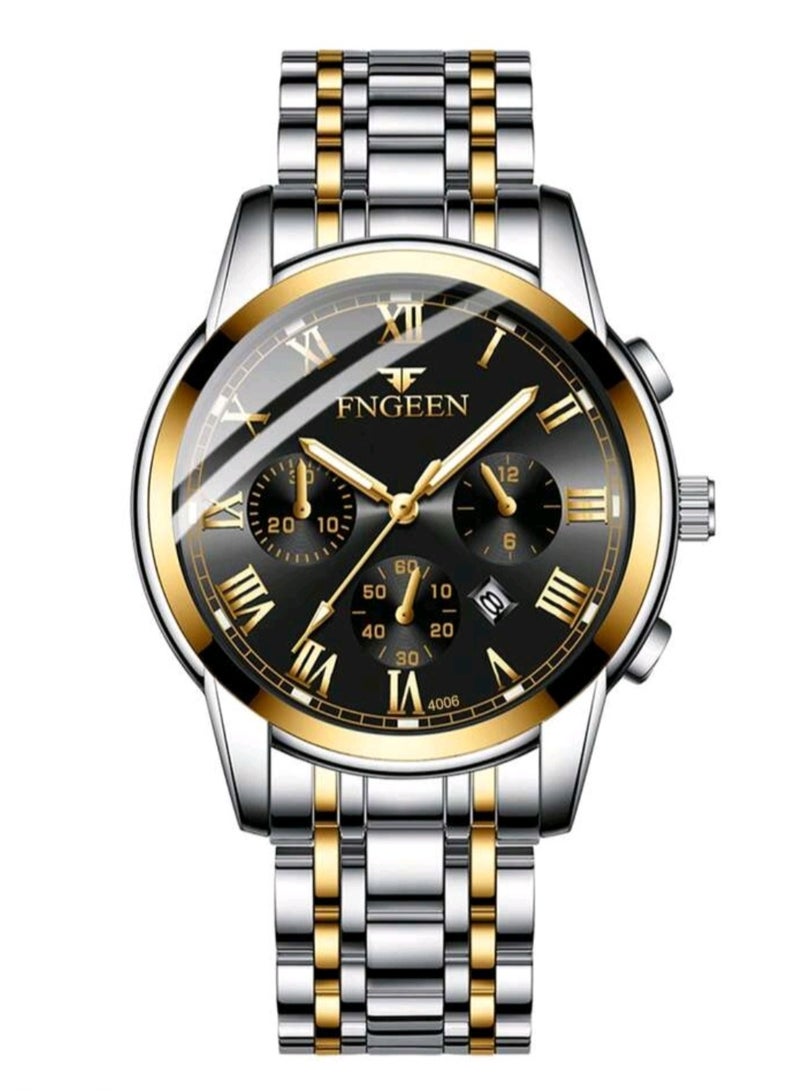 فنجين ساعة يد رياضية مضيئة للرجال من قطعة واحدة من الفولاذ المقاوم للصدأ الفاخر بمشبك مخفي مقاوم للماء وعرض التاريخ - Image 1