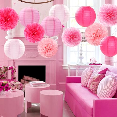 Hugfond Light-Hot Pink Party-Decorations Paper-Flowers Lanterns - 15pcs Graduation Girl Birthday Decor Tissue Pom Poms Streamers, Bridal Baby Shower Wedding Bachelorette Valentine Hanging Supplies Hugfond - Image 3
