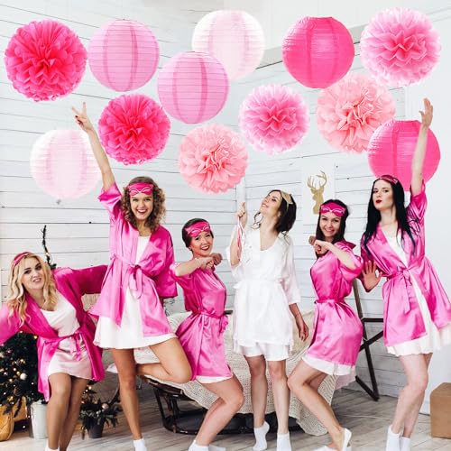 Hugfond Light-Hot Pink Party-Decorations Paper-Flowers Lanterns - 15pcs Graduation Girl Birthday Decor Tissue Pom Poms Streamers, Bridal Baby Shower Wedding Bachelorette Valentine Hanging Supplies Hugfond - Image 4
