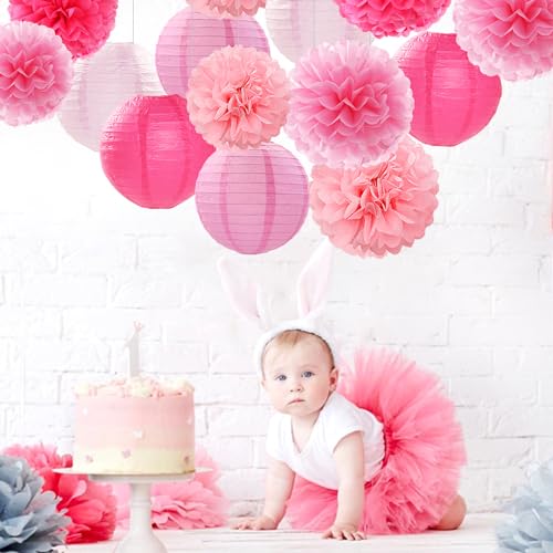 Hugfond Light-Hot Pink Party-Decorations Paper-Flowers Lanterns - 15pcs Graduation Girl Birthday Decor Tissue Pom Poms Streamers, Bridal Baby Shower Wedding Bachelorette Valentine Hanging Supplies Hugfond - Image 5