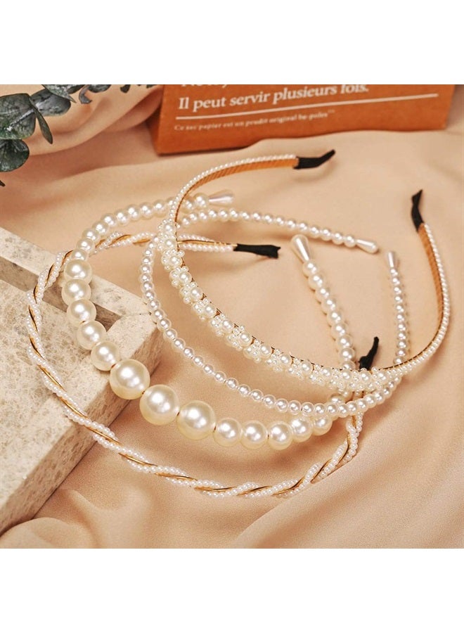 BEAYFILY 4 Pack Pearls Fashion Headbands,White Artificial Pearl Rhinestones Hairbands,Bridal Hair Hoop Party Wedding Hair Accessories for Women Girls - Image 1