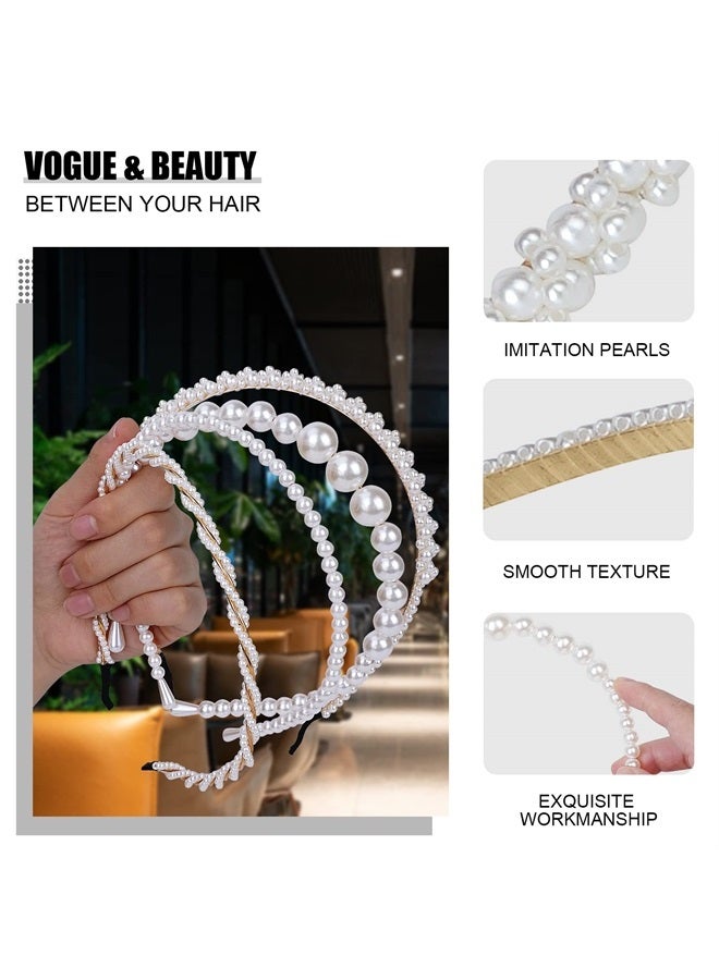 BEAYFILY 4 Pack Pearls Fashion Headbands,White Artificial Pearl Rhinestones Hairbands,Bridal Hair Hoop Party Wedding Hair Accessories for Women Girls - Image 2