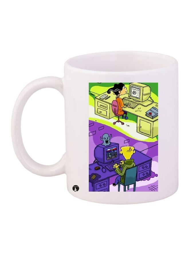 RYN Cartoon Printed Coffee Mug White/Yellow/Purple 11ounce