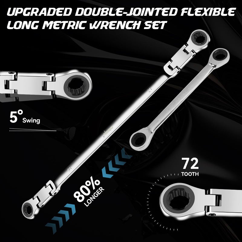 DISEN Double Jointed Extra Long Flex Head Ratchet Wrench Set, 6 PCS Metric 8-19mm Box End Ratcheting Wrench with a Magnetic Pickup Tool Kit, 72-Teeth, Cr-V Steel,12 Point Combination Wrench set - Image 4