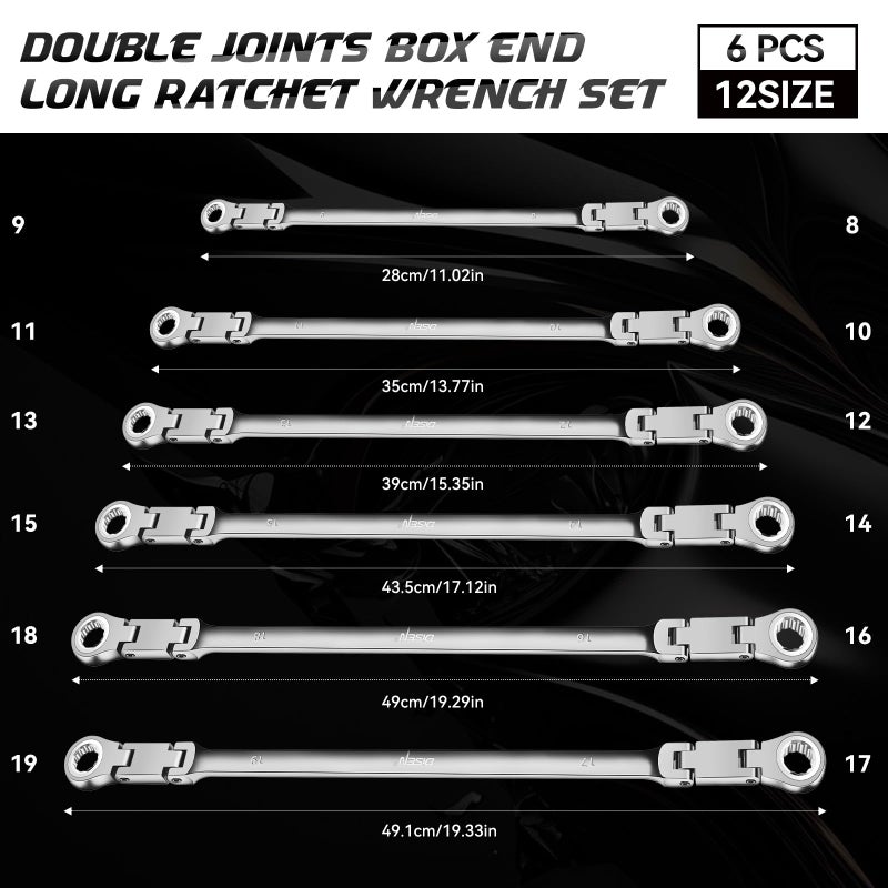 DISEN Double Jointed Extra Long Flex Head Ratchet Wrench Set, 6 PCS Metric 8-19mm Box End Ratcheting Wrench with a Magnetic Pickup Tool Kit, 72-Teeth, Cr-V Steel,12 Point Combination Wrench set - Image 3