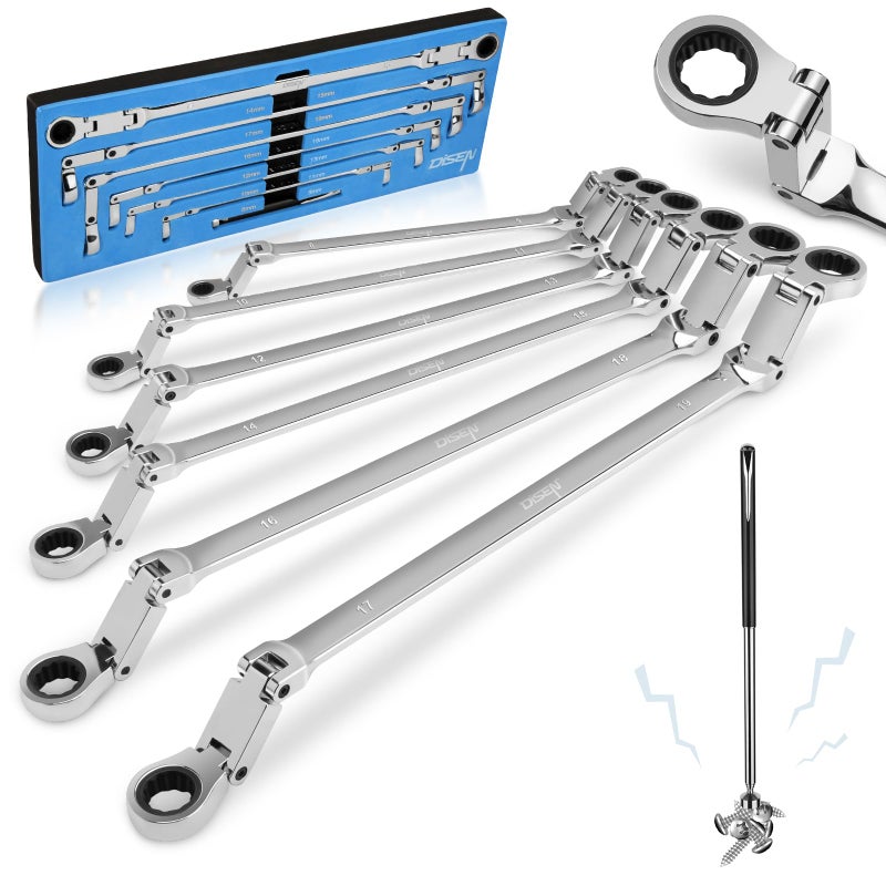 DISEN Double Jointed Extra Long Flex Head Ratchet Wrench Set, 6 PCS Metric 8-19mm Box End Ratcheting Wrench with a Magnetic Pickup Tool Kit, 72-Teeth, Cr-V Steel,12 Point Combination Wrench set - Image 1