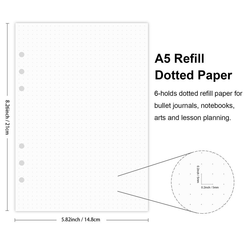 Nokingo A5 Dotted Paper, Refills for Filofax Planner, Organizer, Binders, 6 Hole Punched, 100 Sheets/200 Pages, 100gsm, White, 5.8 x 8.2 Inch - Image 2