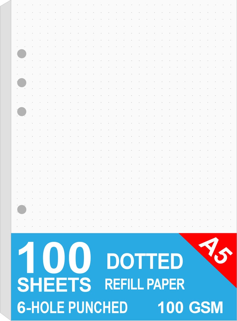 Nokingo A5 Dotted Paper, Refills for Filofax Planner, Organizer, Binders, 6 Hole Punched, 100 Sheets/200 Pages, 100gsm, White, 5.8 x 8.2 Inch - Image 1