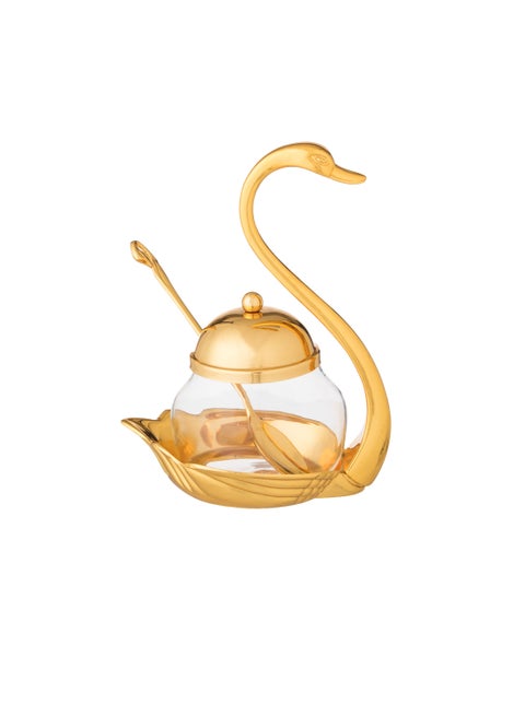 Glass Sugar Bowl With Metal Swan Decorative Holder + Metal Spoon