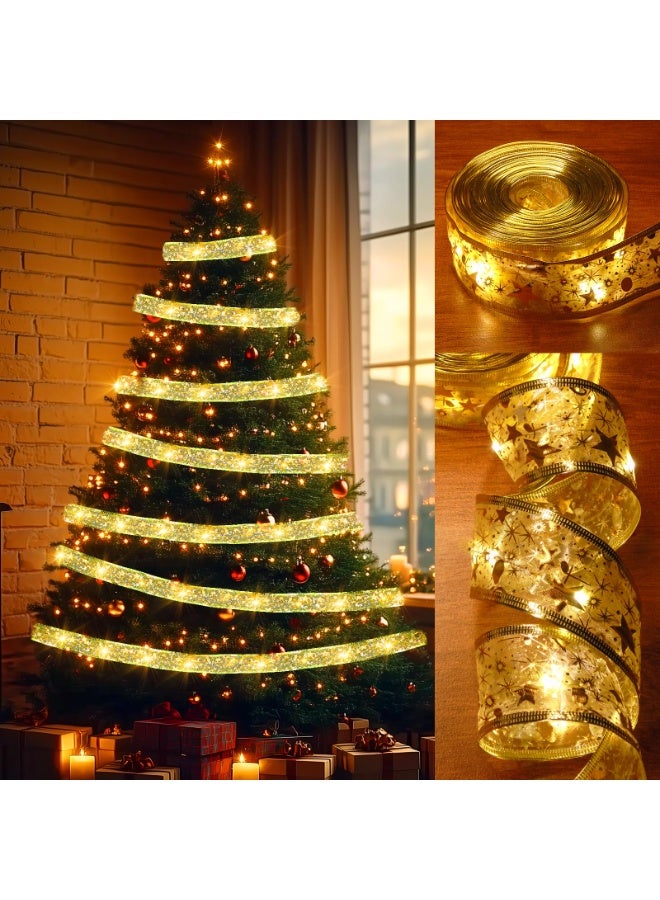 Chielor Christmas Tree Decorations Ribbon Lights, 32ft 100 LED Ribbon Lights, Battery-Powered Copper Wire Christmas Tree Ribbon Lights for Xmas Tree Wedding Birthday Party Home Holiday Décor - Image 1