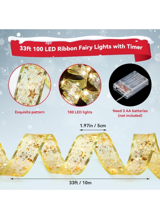 Chielor Christmas Tree Decorations Ribbon Lights, 32ft 100 LED Ribbon Lights, Battery-Powered Copper Wire Christmas Tree Ribbon Lights for Xmas Tree Wedding Birthday Party Home Holiday Décor - Image 2