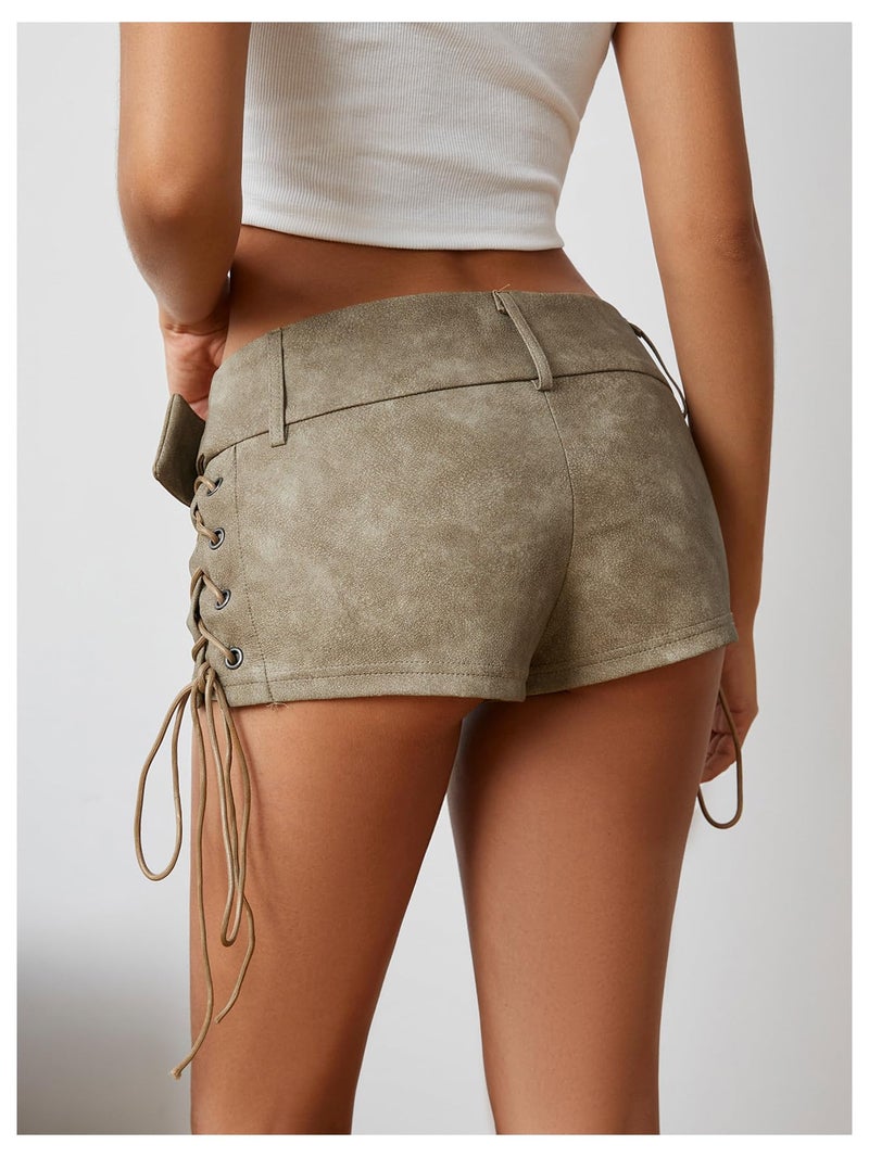 MakeMeChic Women's PU Leather Micro Shorts Lace Up Ruched Low Waist Belted Y2K Rave Going Out Shorts Concert Outfits Army Green Medium - Image 2