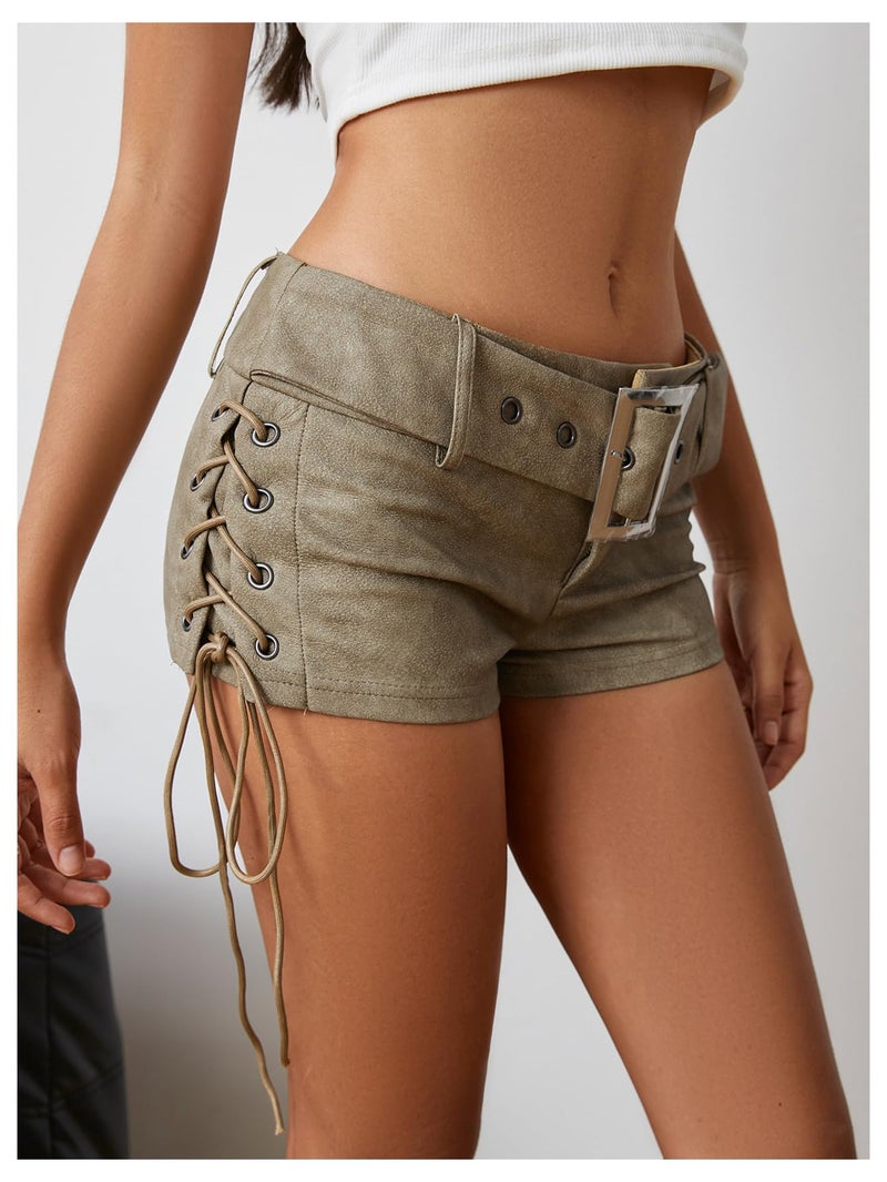 MakeMeChic Women's PU Leather Micro Shorts Lace Up Ruched Low Waist Belted Y2K Rave Going Out Shorts Concert Outfits Army Green Medium - Image 3