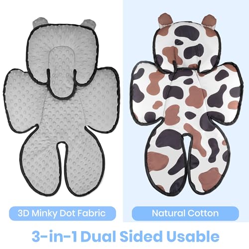 Honeau 3in1 Baby Car Seat Head Body SupportSoft Breathable Infant Car Seat Insert Newborn Boy GirlReversible CottonMinnky Carseat Head Support Pillow Cushion for Infant StrollerSwingBouncerGrey - Image 3