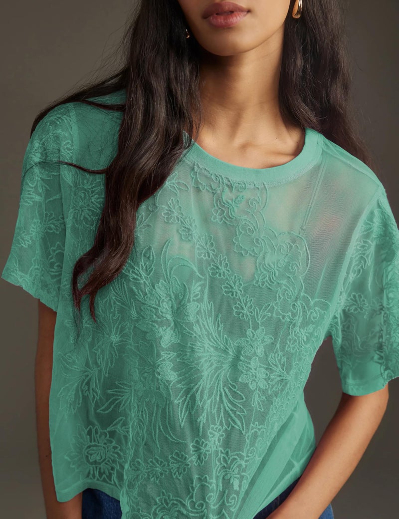 OPCAKM Lace Tops for Women Sexy Short Sleeve Mesh Tops Embroidered Sheer Lace T-Shirts See Through Blouse(Teal-M) - Image 2
