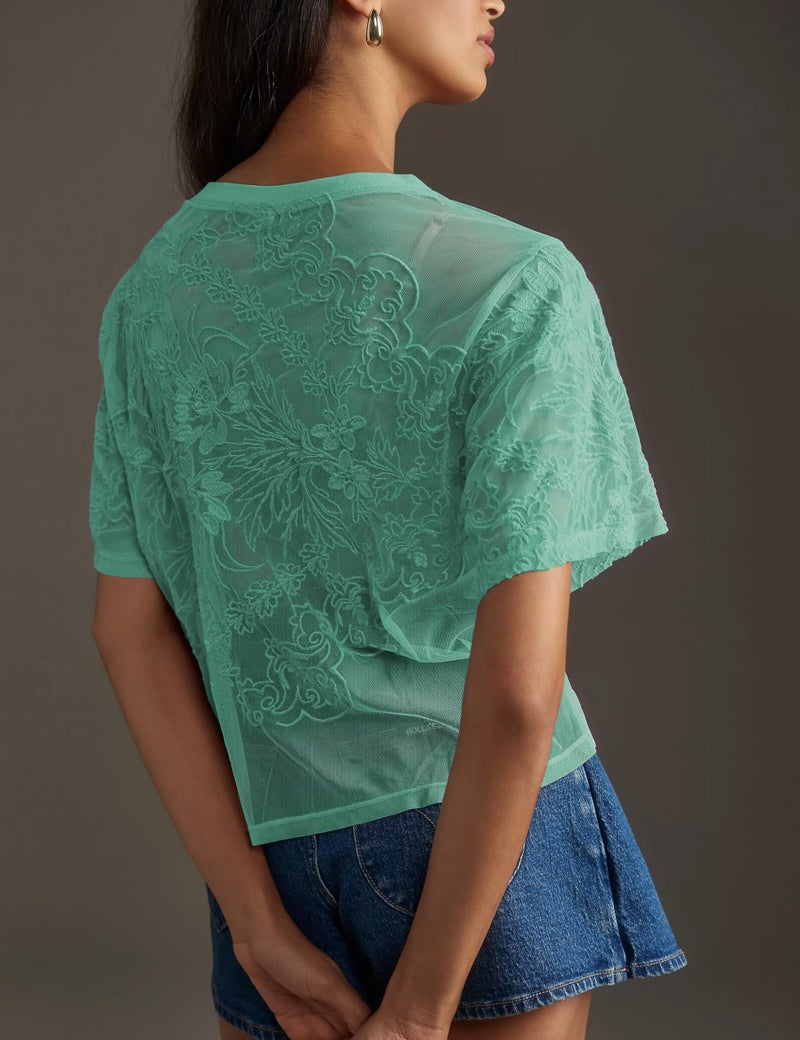 OPCAKM Lace Tops for Women Sexy Short Sleeve Mesh Tops Embroidered Sheer Lace T-Shirts See Through Blouse(Teal-M) - Image 3